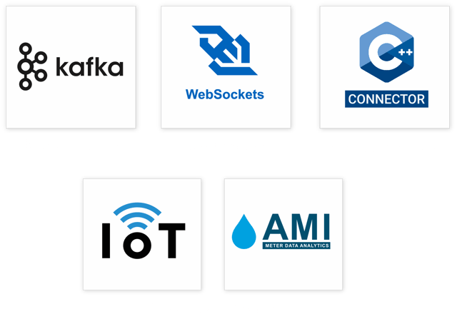 A collection of six square icons, each representing a different concept. The icons are arranged in a row, with each icon occupying a square. The concepts represented by the icons are: IoT, WebSockets, Low Latency, Sub-Millisecond, Popular, and Low Latency.