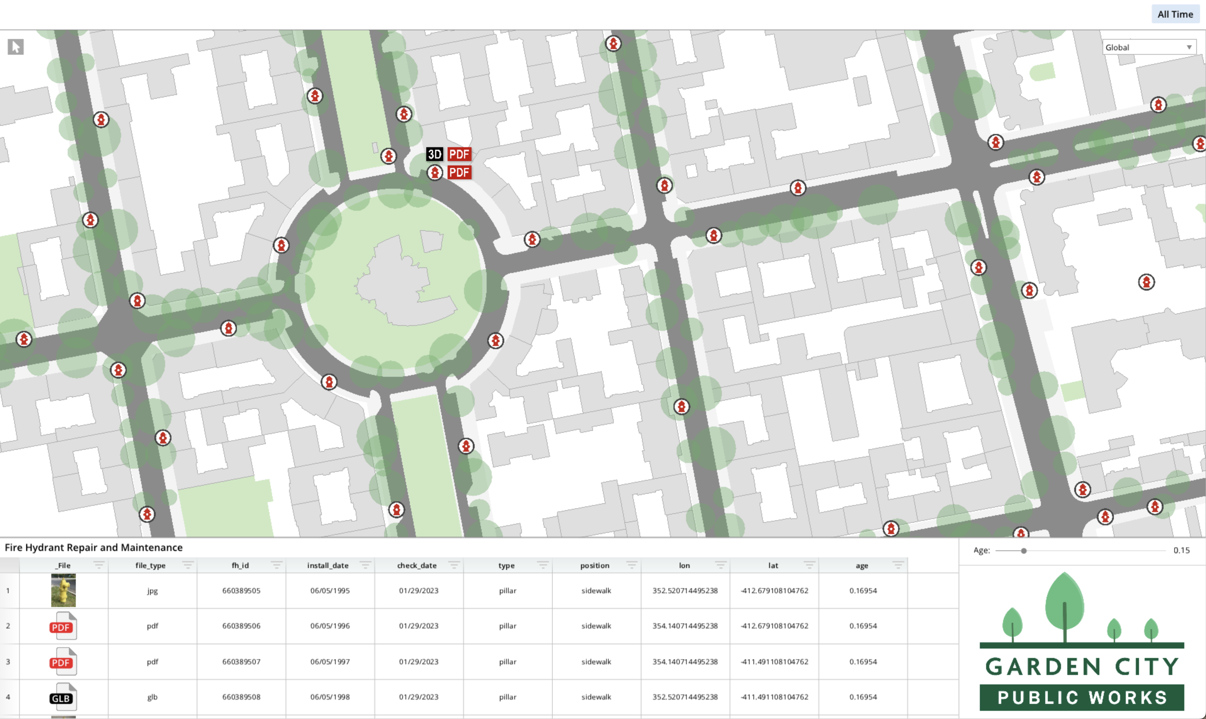 A detailed street map of a city, featuring a roundabout and a park.