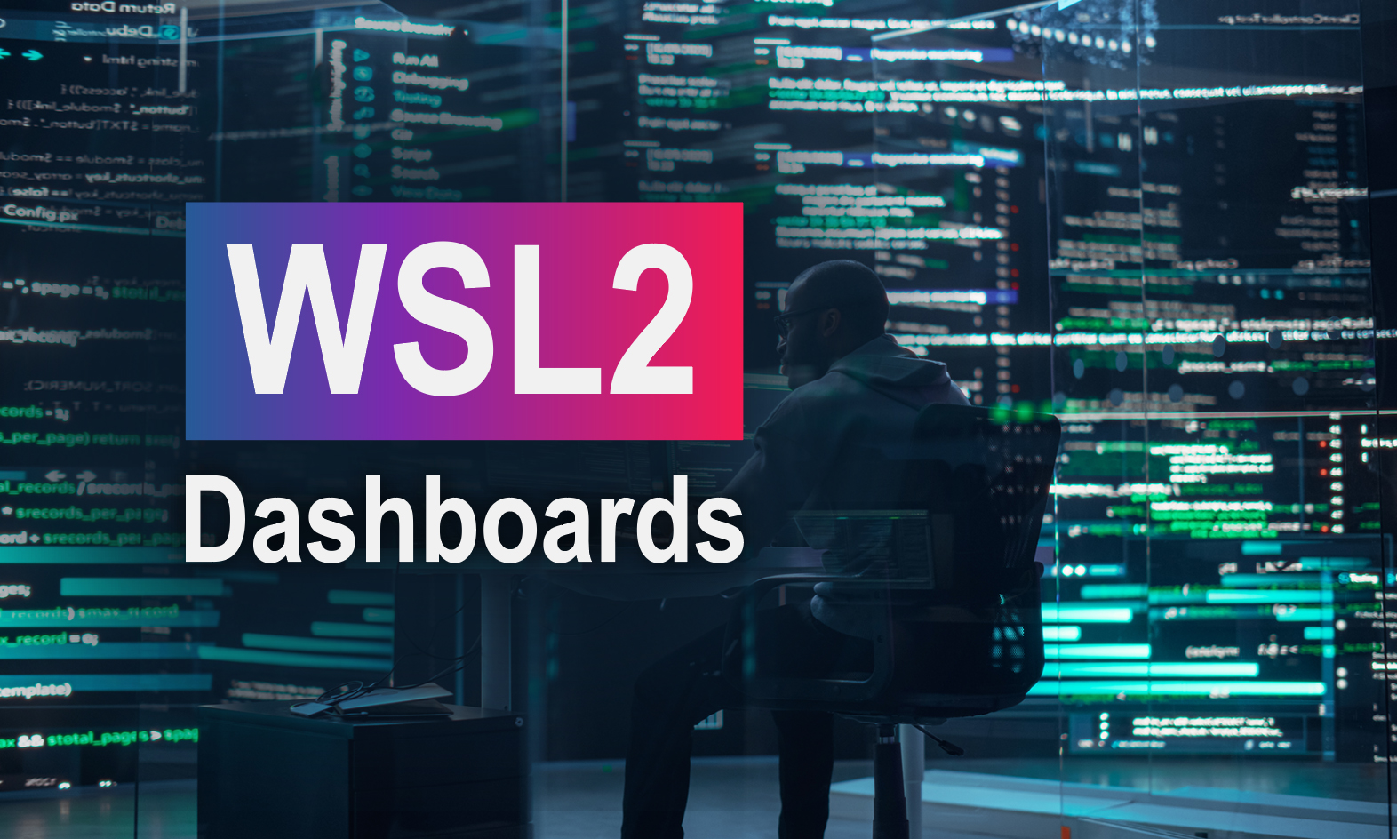 A man is sitting in front of a computer screen, working on a dashboard. The image is set in a futuristic environment, with a backdrop of neon lights and a keyboard visible on the desk. The man appears to be focused on his task, possibly managing a complex system or analyzing data.