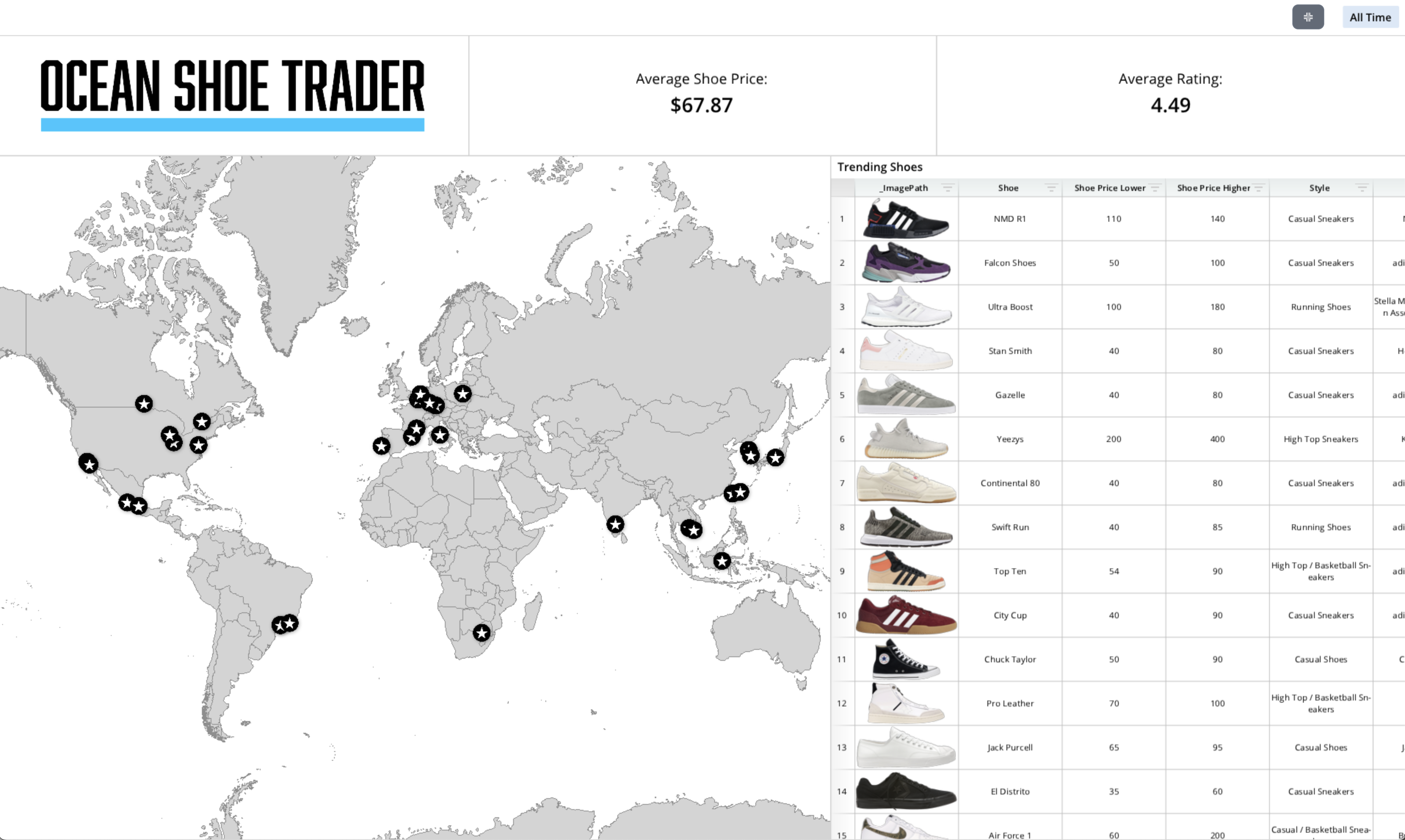 A map of the world displaying the locations of various sneaker brands.